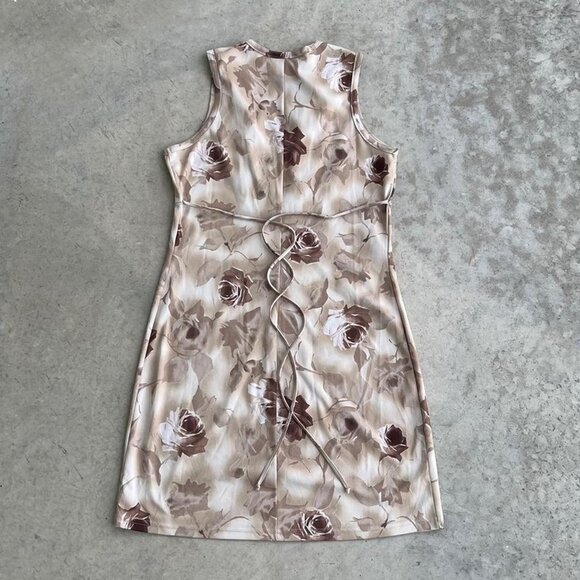 Vintage 90s Mini Dress Floral Brown Tan Made in USA Large - Picture 6 of 7